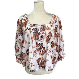 Rachel Roy Linen Blend Floral Top Size L Square Neck Puff Sleeve Blouse Cottage